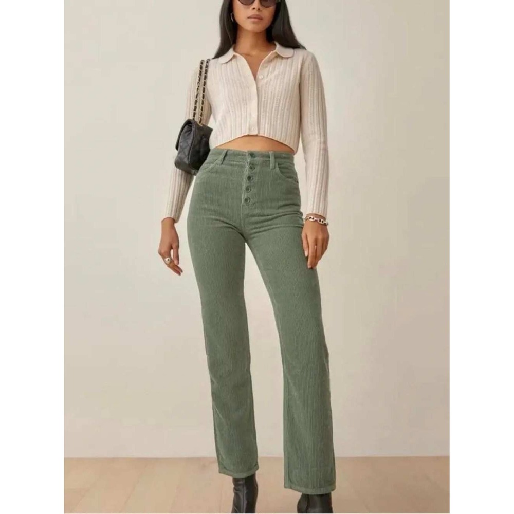 Reformation Womens Cynthia High Rise Straight Corduroy Pants Moss Green Size 29